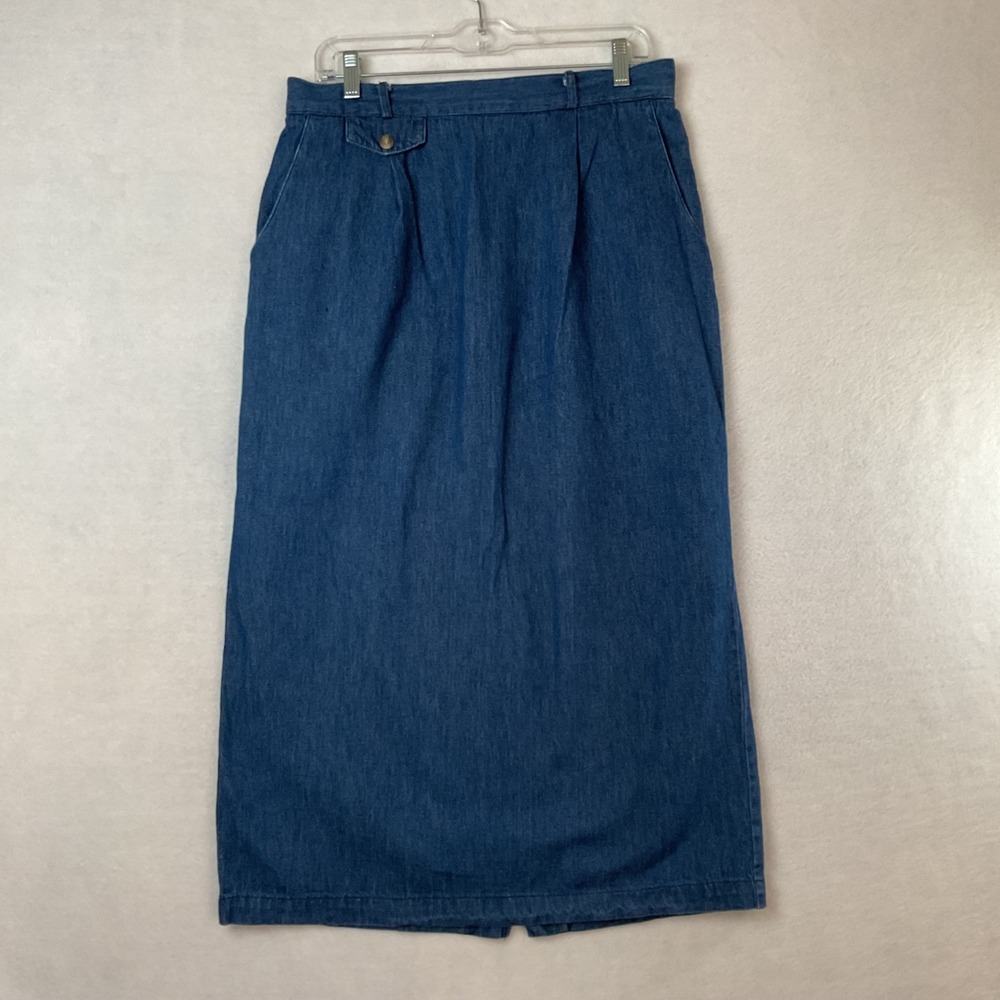 Bushwacker USA‎ Vintage Denim Midi Skirt Blue Cotton Pleated High Waist Size 14